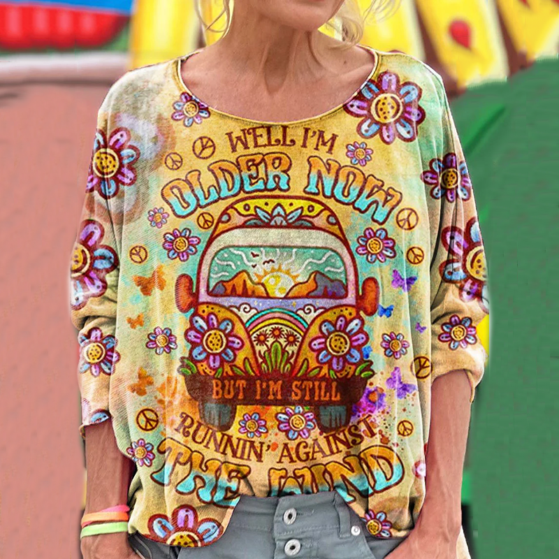 Women's Running Against The Wind Hippie Vibe Print Long Sleeve T-Shirt artswardrobe