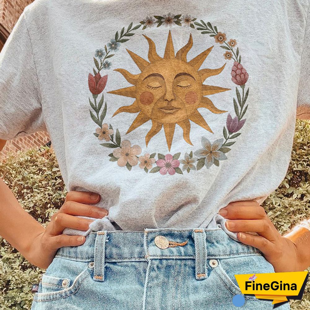 Vintage Round Neck Short-Sleeved Sun Flower Print Tee