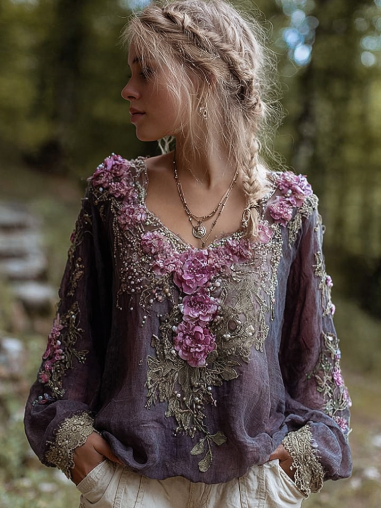 Bohemian Style Round Neck Long Sleeve 3d Purple Flower Design Cotton And Linen Top For Women