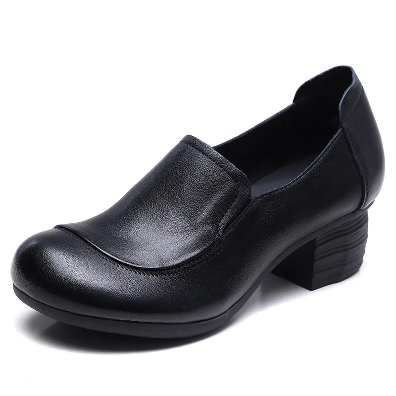 Yyvonne Coarse Leather Single Shoe Set National Breeze Layer Cow Skin Mother Shoes Heel Round Head Black Working Shoes Woman