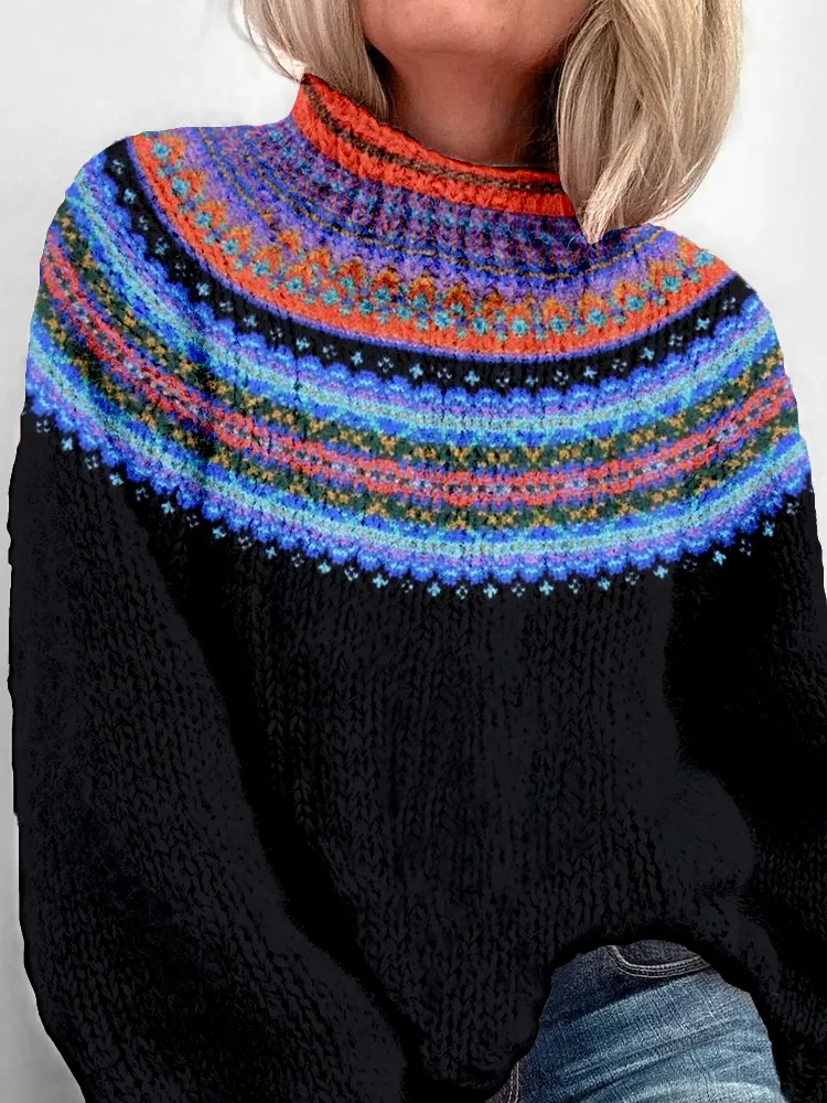 1940s Vintage Style Fairisle Alpine Knit Turtleneck Sweater