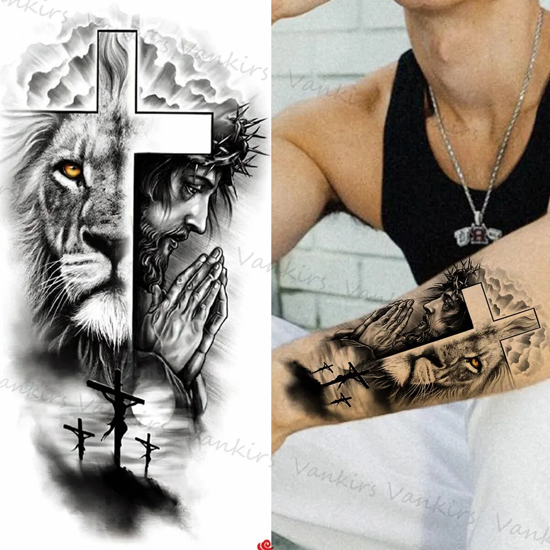Sdrawing Lion Crown Temporary Tattoos For Women Men Wolf Compass Tiger Mountain Flower Fake Tattoo Sticker Arm Body Tatoos