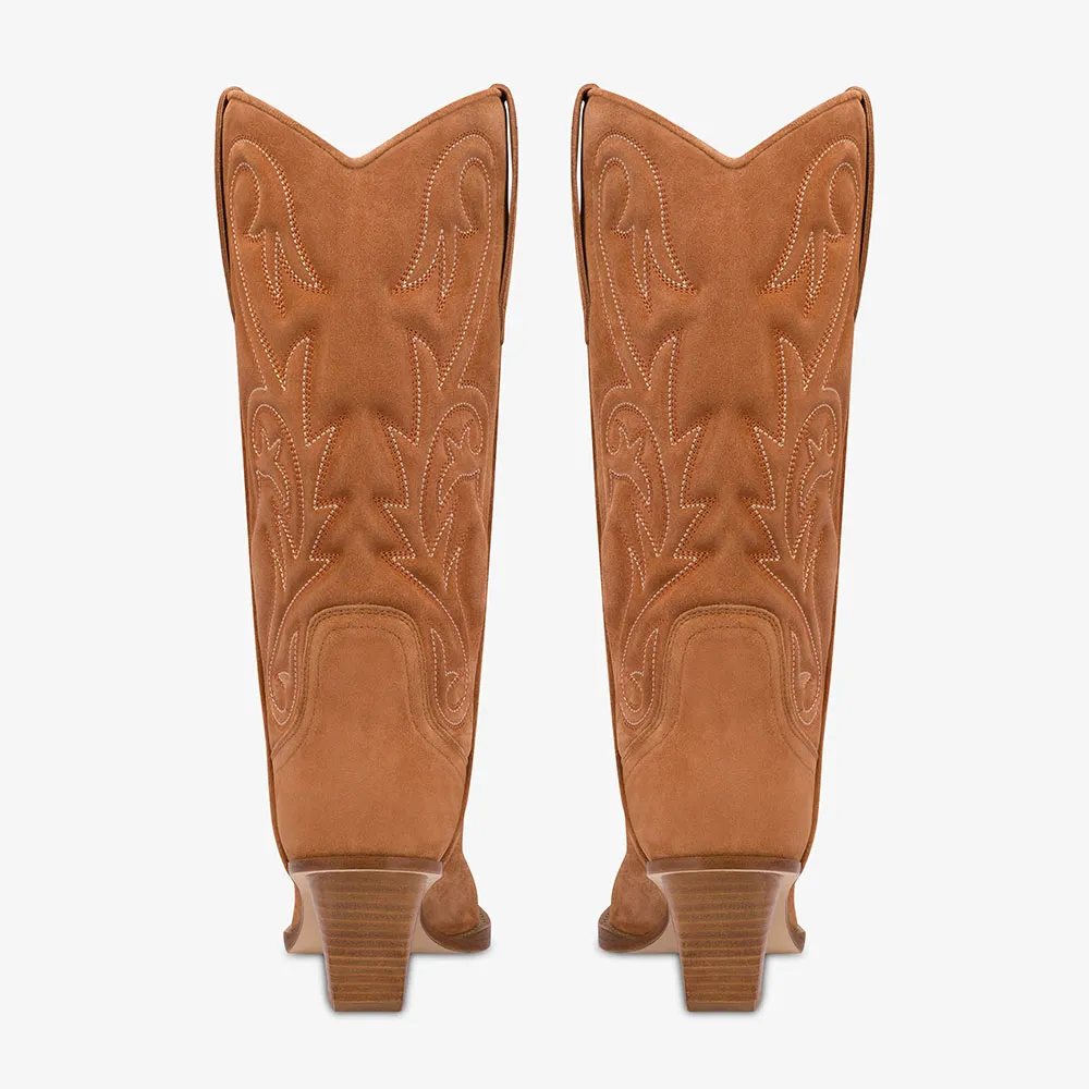 Brown Vegan Suede Chunky Heel Pointed Toe Mid-Calf Cowgirl boots