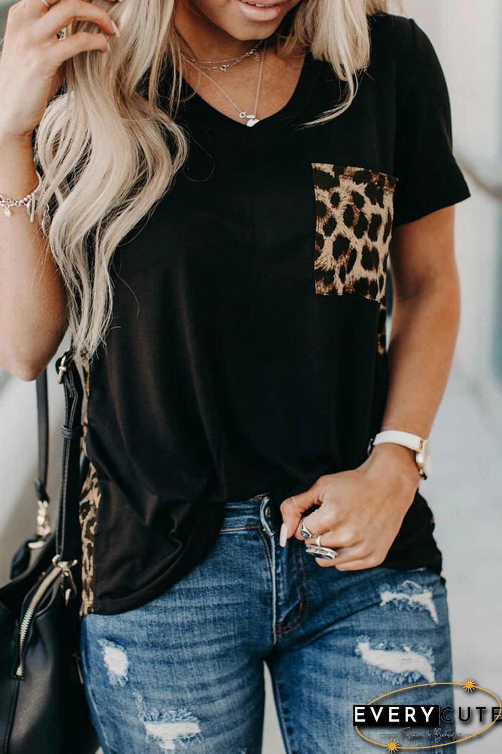 Leopard Printed Splicing T-Shirt