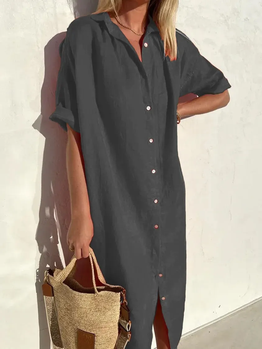 Brownm Casual Loose Sleeves Button Dress Cotton And Dresses