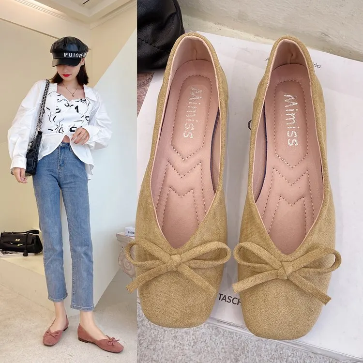 Women Flats Slip on Flat Shoes Round Toe Shallow Butterfly-knot Ballerina Slip on Loafers Faux Suede Lady Ballet Plus Size 35-40
