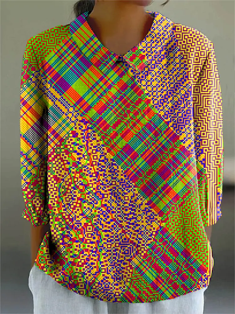 Women's Abstract Geometric Pattern Art Print Casual Cotton And Linen 3/4 Sleeve Shirt