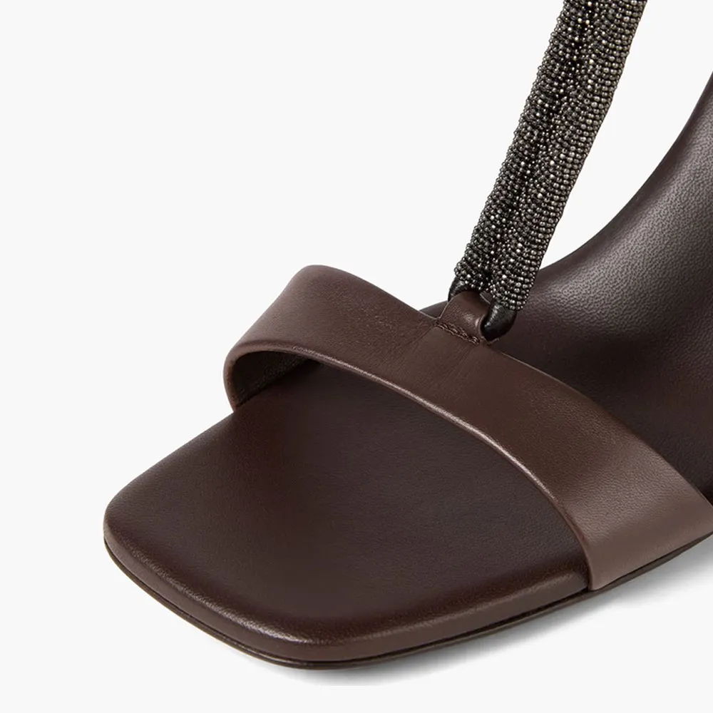 YDN Brown Open Square Toe Beaded T-Strap Trendy Wedge Sandals
