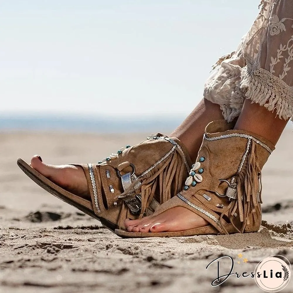 Retro Women Fringe Flower Wedges Shoes Solid Flock Beach Casual Sandals Women Summer Flip Flop Sandals