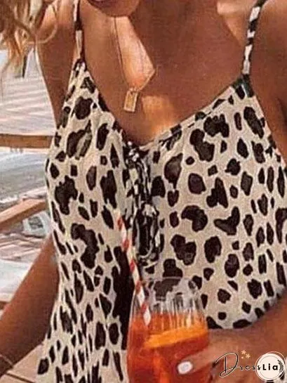 Leopard Print V-neck Casual Suspender Dress