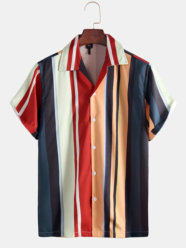 Striped Thick Striped Classic Short Sleeves Lapel Blouses&shirts Tops