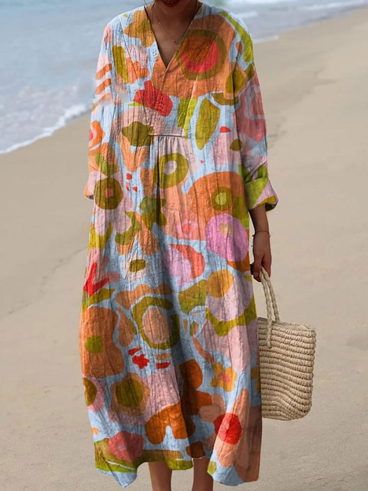 Women's Retro Colorful Floral Art Print Flowy Dress