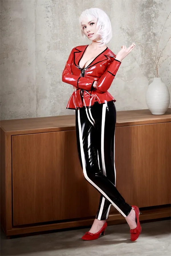 Women Latex Tops Red and Black Flared Hem V-Neck Top
