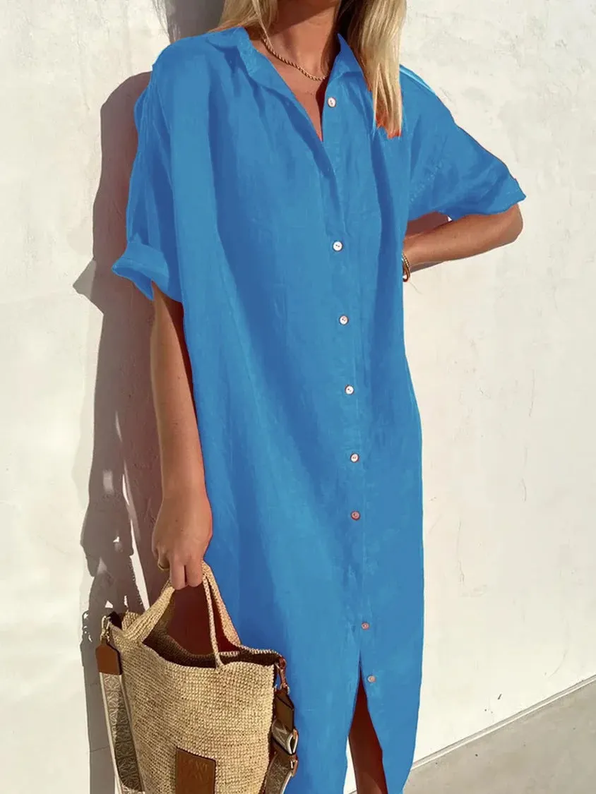 Brownm Casual Loose Sleeves Button Dress Cotton And Dresses
