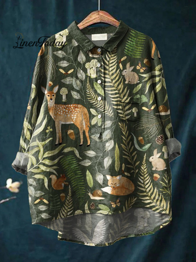 Women&rsquo;s Vintage Lovely Woodland Animals Art Print Casual Cotton And Linen Shirt Top1 / S