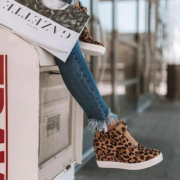 Women Casual Leopard Wedge Heel Booties