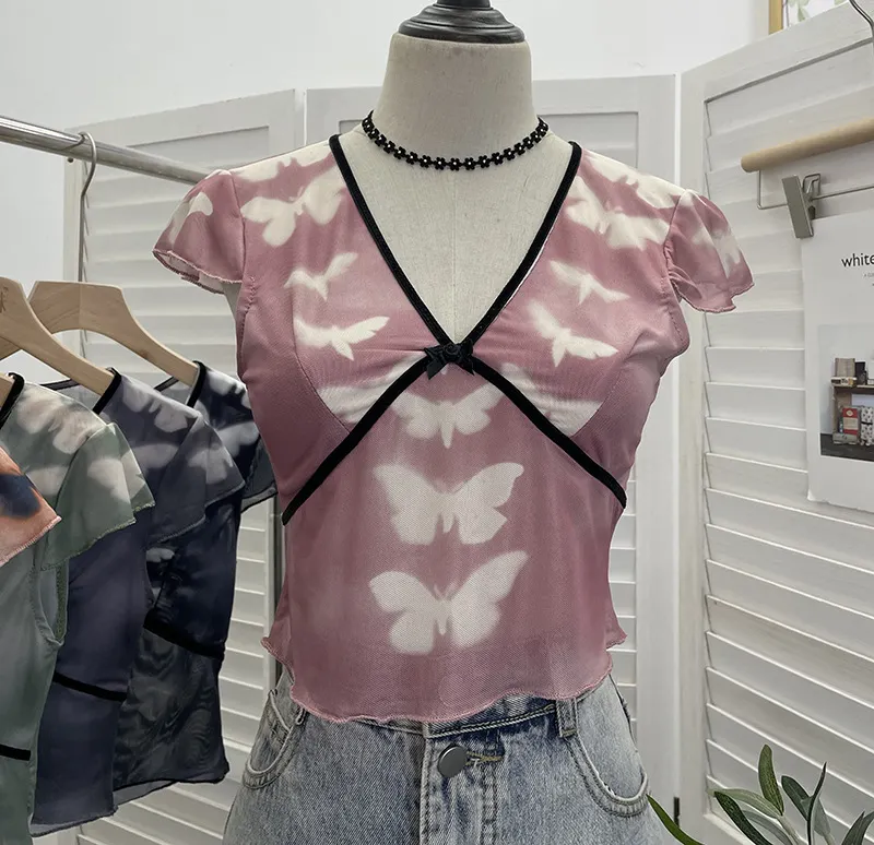 Churchf Sexy Hottie V-Neck Butterfly Print Short-Sleeved T-Shirt Slime Short-Navel Net T-Shirt Girl 9920