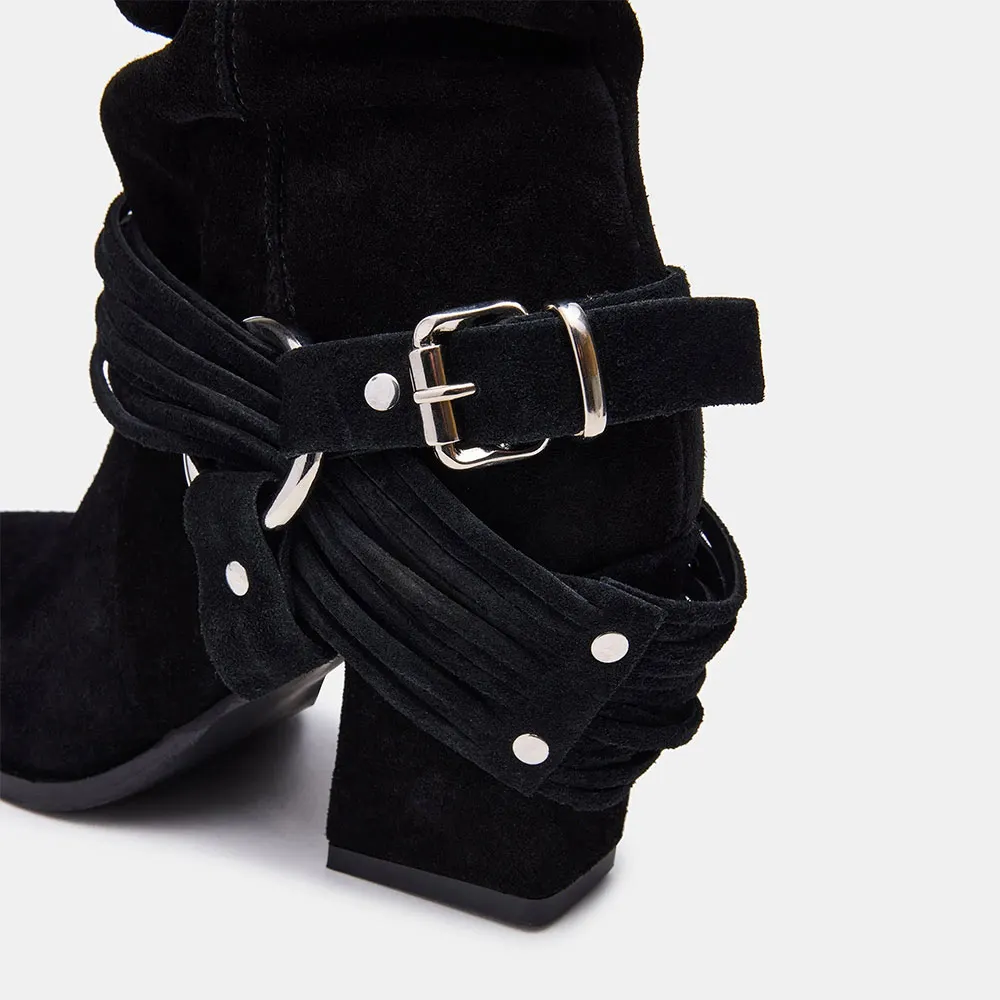 Classic Black Pointed Toe Chunky Heel Buckle Short Boots for Women