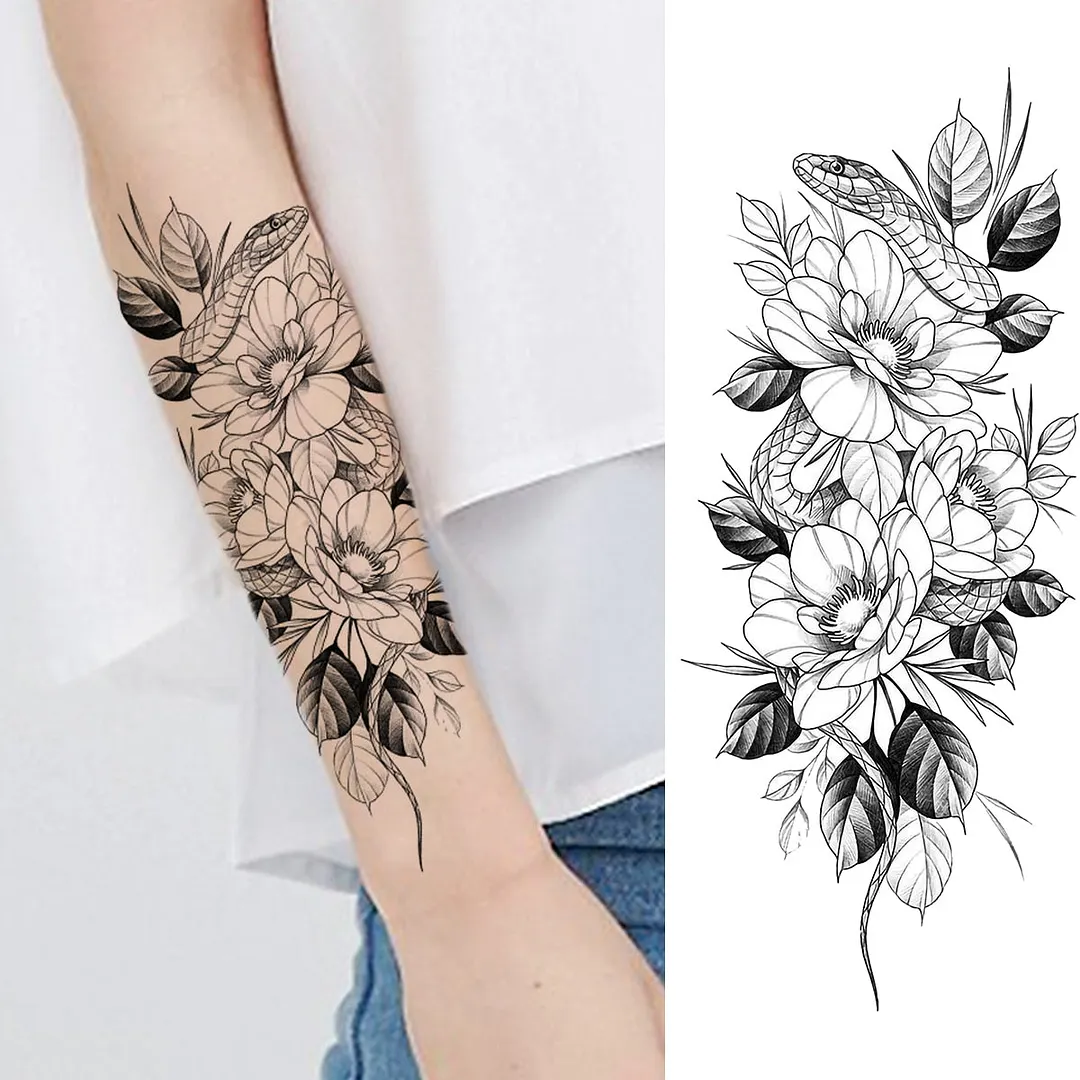 Black Rose Flower Snake Temporary Tattoos For Women Adult Peony Serpent Fake Tattoo Forearm Body Art Painting Waterproof Tatoos