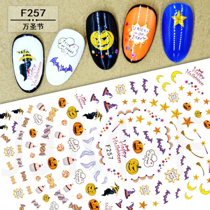 Halloween Nail Art Sticker Ghost Witch Spider Web Pumpkin Nail Decals Sexy Skull Bone Water Transfer Decals Nails Foil Manicure-Nail Inspo