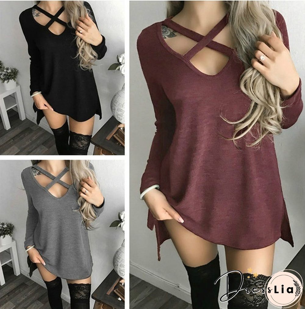 Women Spring Summer Fashion Long Sleeve Tops Black Casual Knitted Sweater Dresses Ladies Fashion Loose Mini Dress Pure Color Cotton Shirt Sexy Deep V-Neck Slim Fit Waist Bodycon Club Wear Knit Slit Party Robe Chic FemmeT-shirt