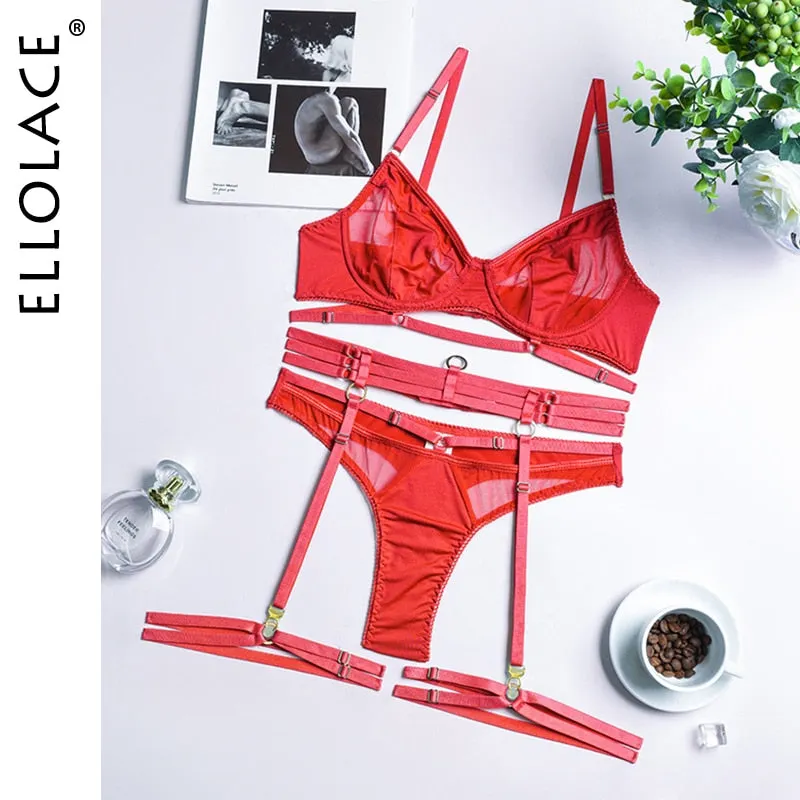 Ellolace Luxury Lingerie 3 Pieces Sexy Transparent Lace Underwear Sensual Patchwork Short Skin Care Kits Garters Exotic Sets
