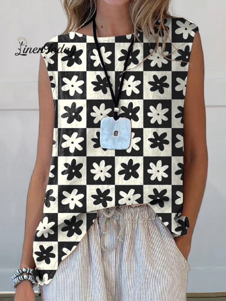 Lovely Floral And Check Pattern Printed Women&rsquo;s Casual Cotton Linen Tank Top Blackwhite / S