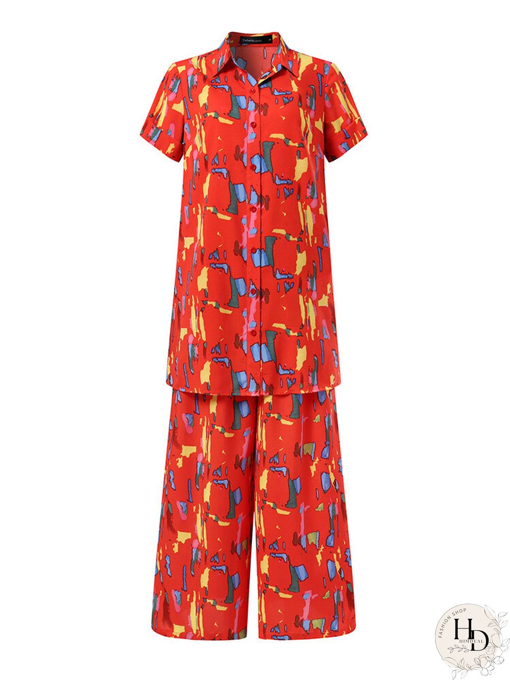 Brush Print Lapel Pocket Short Sleeve Wide Leg Two Pieces Suit