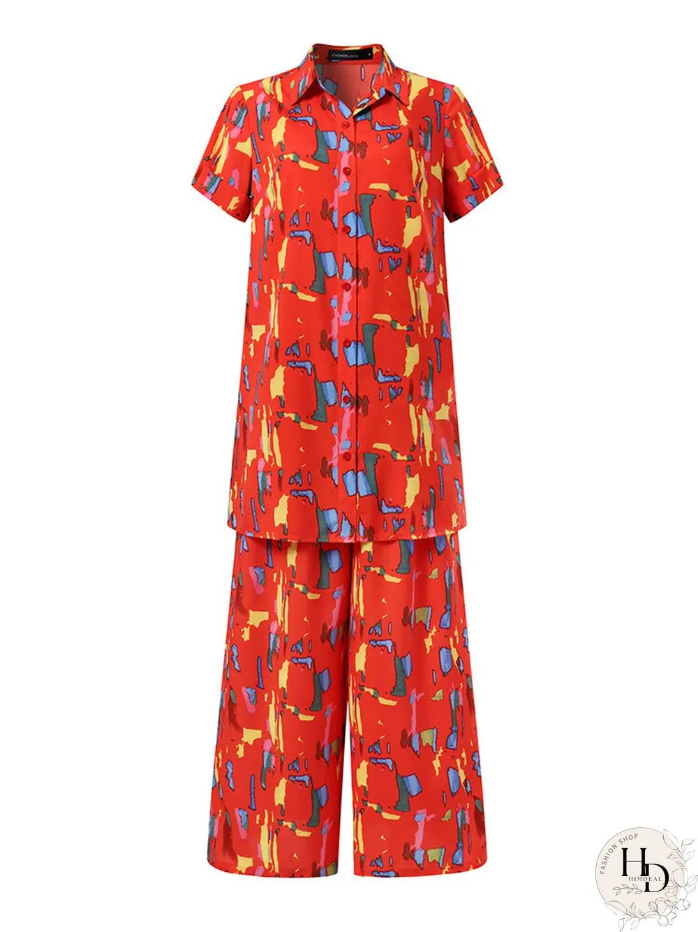 Brush Print Lapel Pocket Short Sleeve Wide Leg Two Pieces Suit