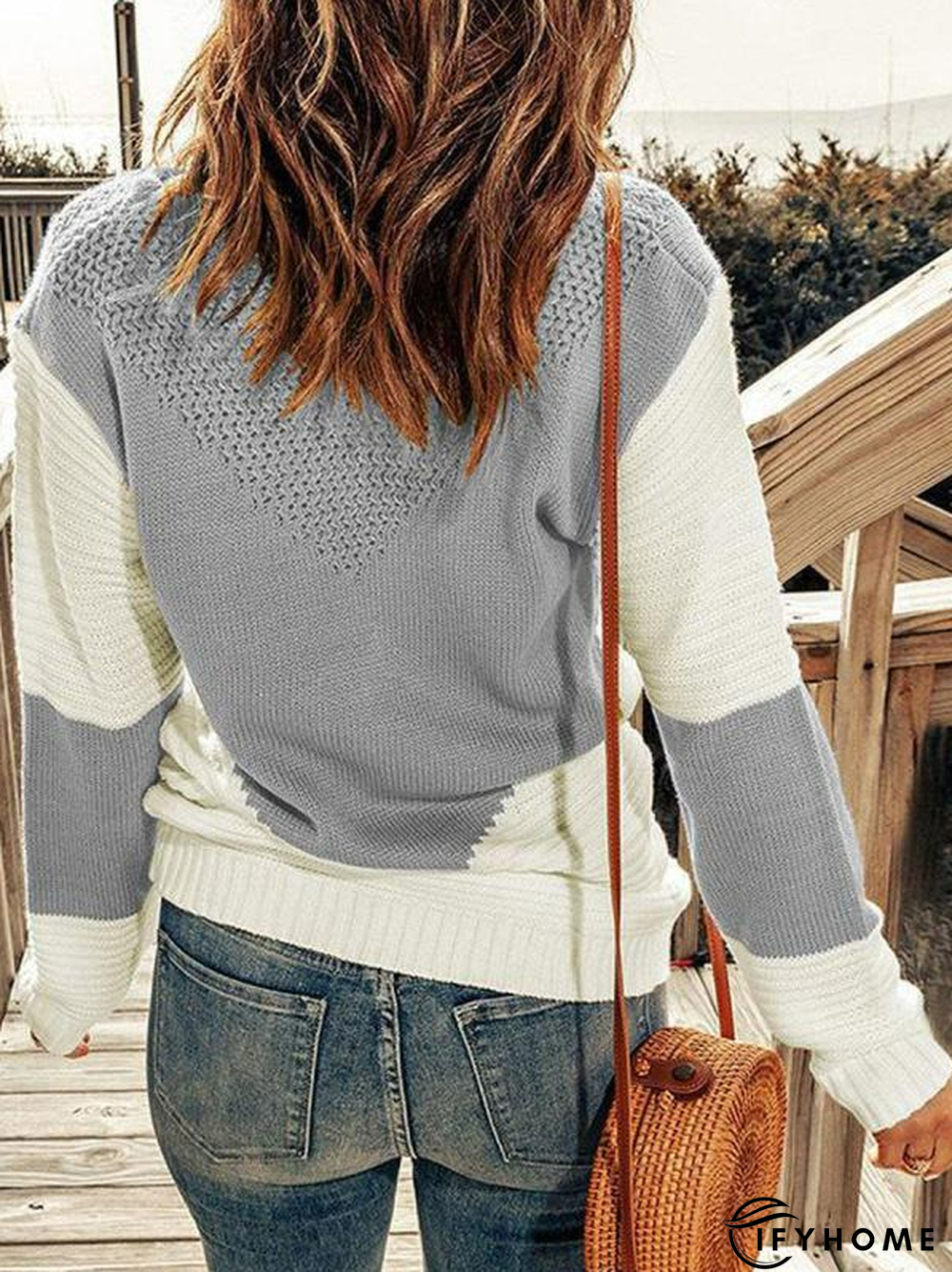 Casual Color Block Winter Daily Loose Long sleeve Crew Neck Wool/Knitting Regular Sweater for Women | IFYHOME