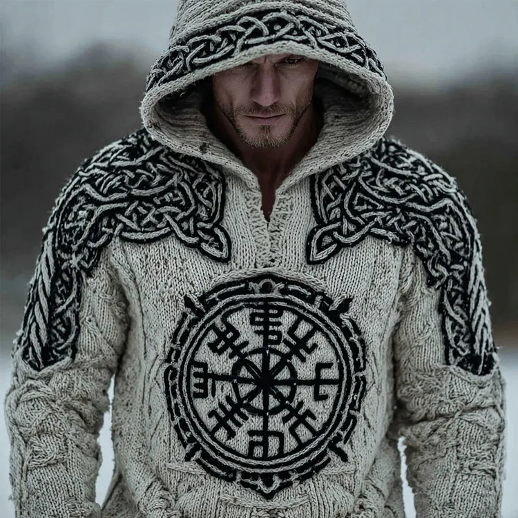 Men's Viking Compass Celtic Chunky Knit Hooded Sweater