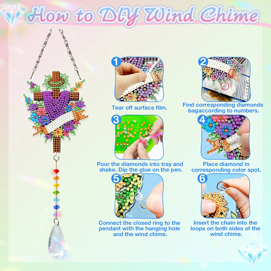 2Pcs Cross Faith DIY Acrylic Diamond Painting Art Wind Chimes with Crystal Pendant Diamond Art Hanging Pendant Double-Sided for Adults Beginners Gift Home Garden Decor