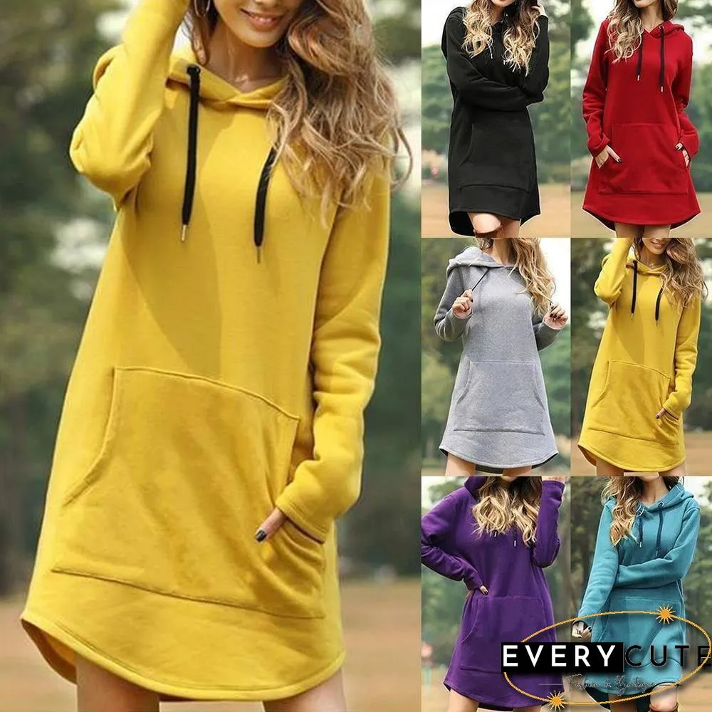 SHUJIN Vintage Women Spring Dress Hooded Long Sleeve Loose Casual 3XL Plus Size Dress Retro Ladies Pocket Tube Midi Dresses