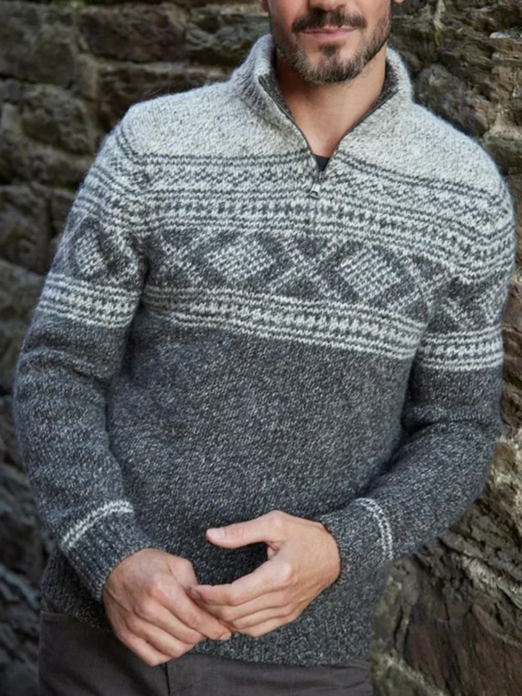 Retro Warm Knitted Contrast Jacquard Iceland Half Zip Collar Sweater