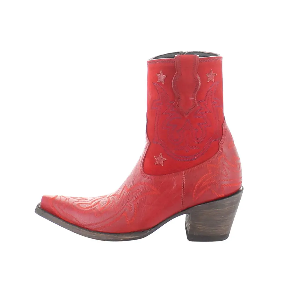 Red Faux Leather Snip Toe Zipper Star Embroidered Heeled Boots