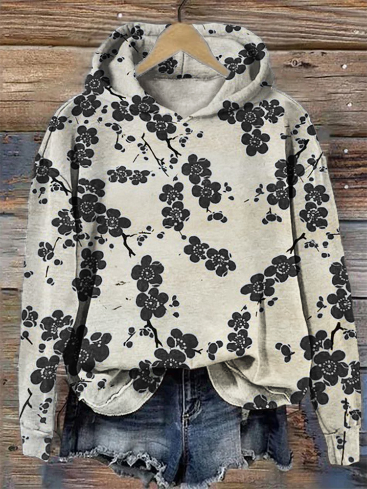 Plum Blossom Japanese Lino Art Cozy Hoodie