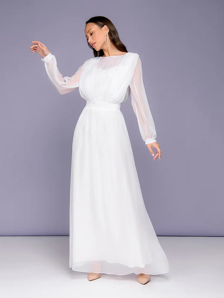 Bohemian A Line Wedding Dress Open Back Chiffon Modern Long Dress with Wide Sleeves