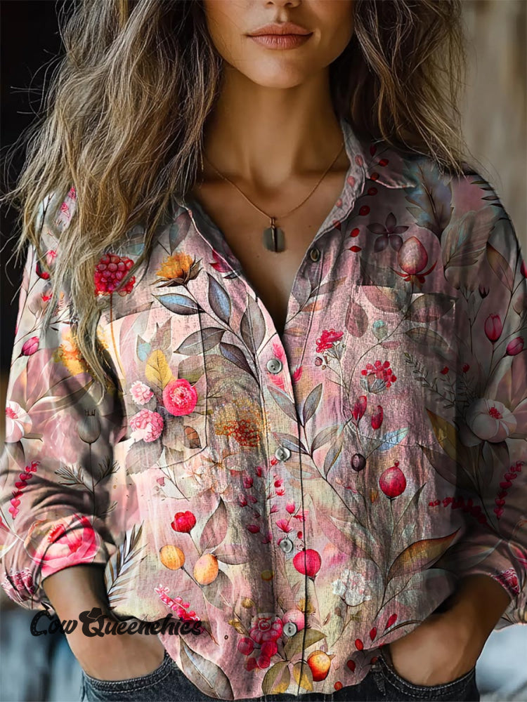 Women&rsquo;s Pink Floral Watercolor Print Comfort Shirt / S