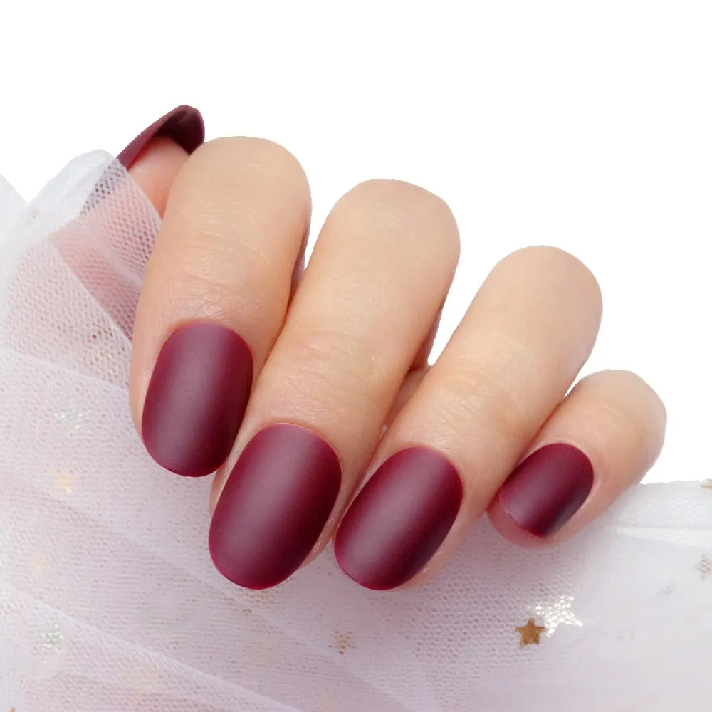 24Pcs Matte Dark Red Artificial Fake Nails Press On Short False Nails With Glue Sticker Full Cover Finger Tips Manicure Tool-Nail Inspo
