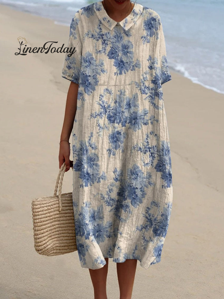 Women&rsquo;s Vintage Floral Art Print Pocket Linen Dress（Convertible Dress With Front And Back