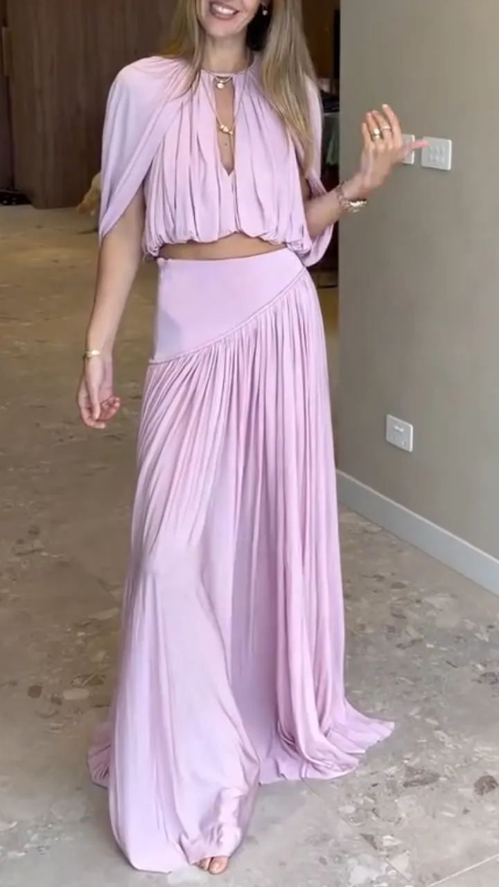  Halter Neck Crop Top & Asymmetrical Pleated Maxi Skirt Set