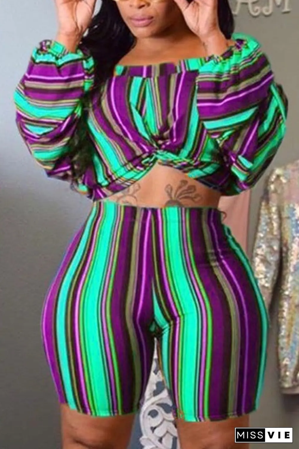Fashion Stripe Printing Shorts Set