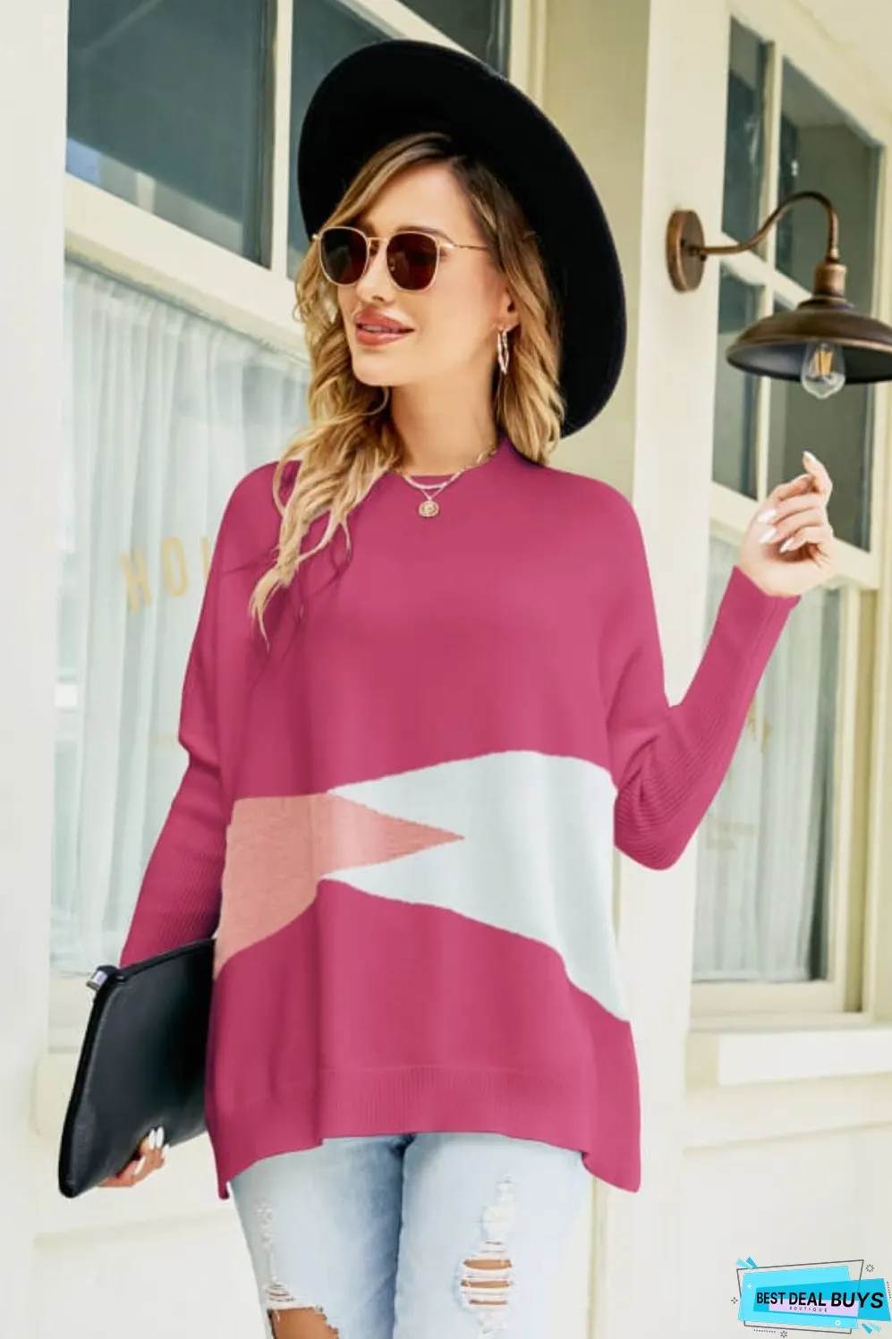 Color Block Round Neck Side Slit Sweater