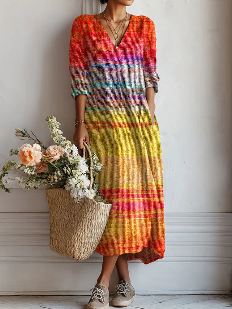Women's Vintage Gradient  Art Print Linen Pocket Tunic Dress