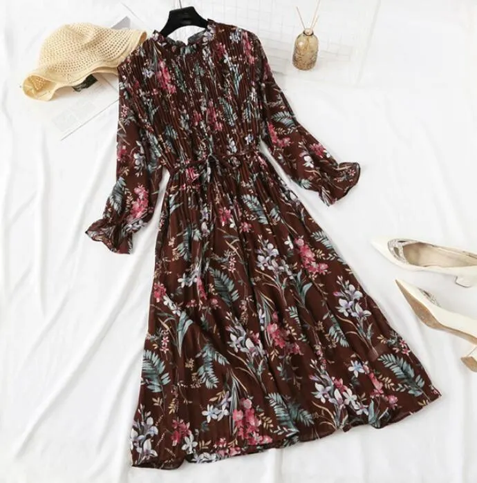 Polka Dot Print Women Chiffon Pleated Dress Sweet Flare Sleeve Party Dresses Casual Loose Lady Office Midi Dress Vestidos Mujer