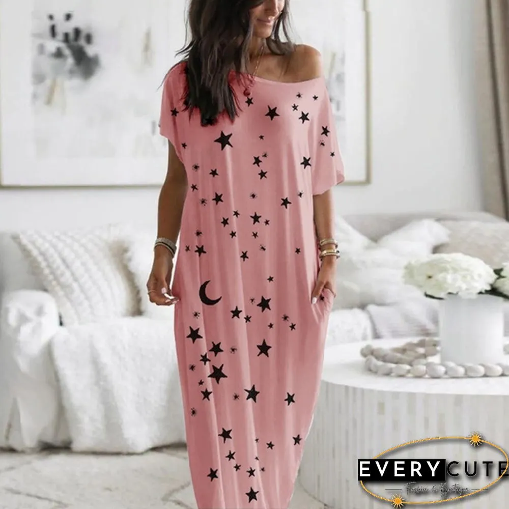 Plus Size Xs-5Xl Women Loose Casual Short Sleeve Moon Stars Print Maxi Dress Home Clothes Soft Long Dresses Homeware Vestidos Casuales