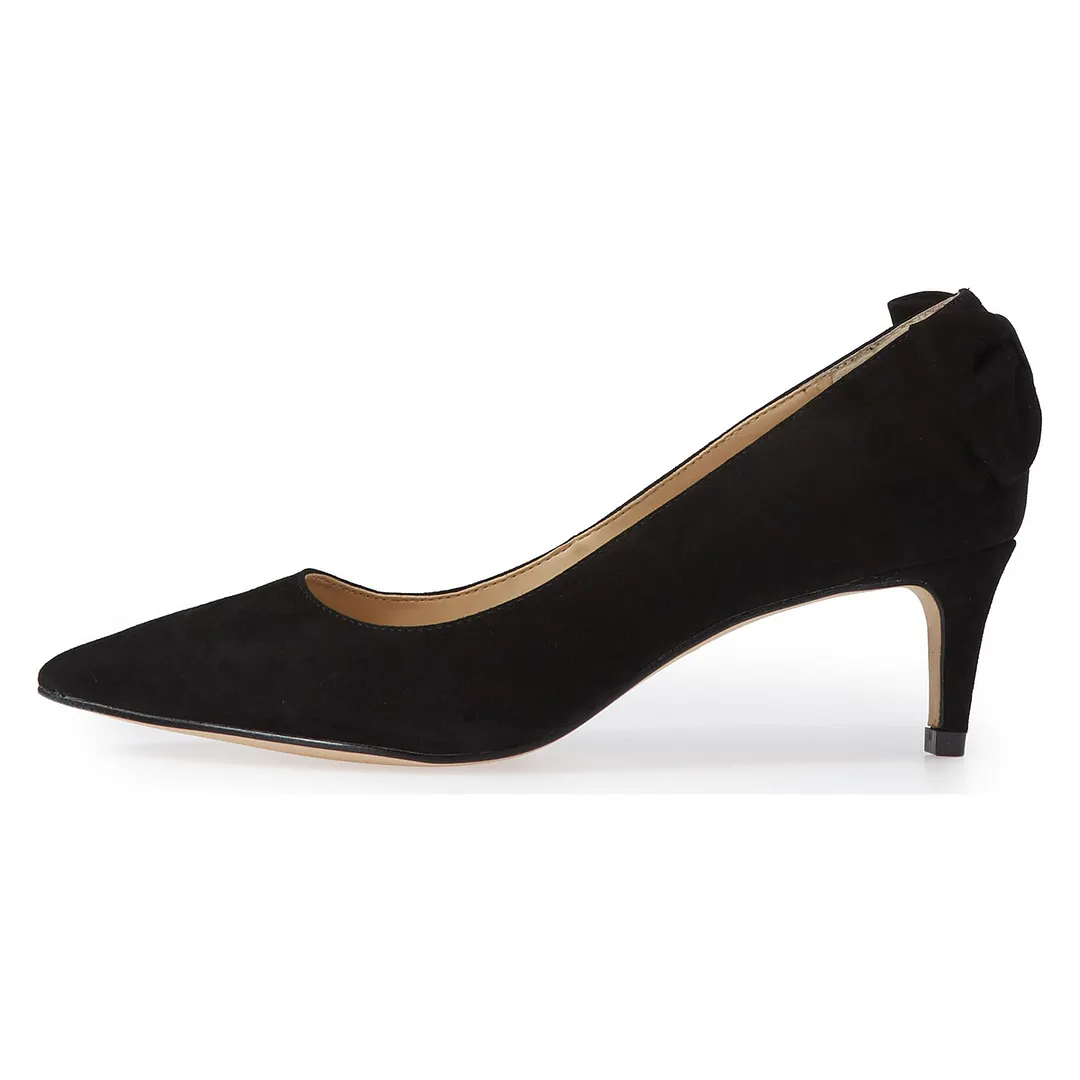 Black Vegan Suede Pointed Toe Slip On Kitten Heel Pumps with Bow