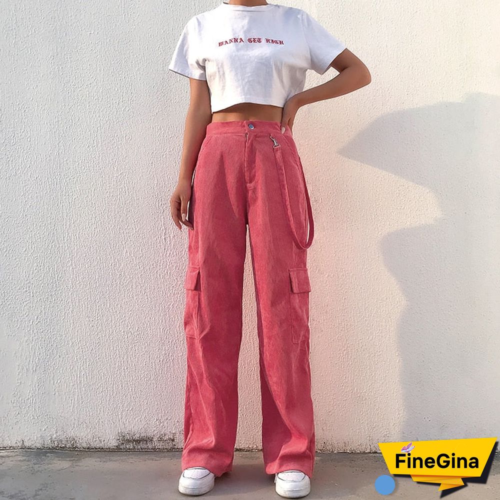Weekeep Women Casual Pockets Patchwork Cargo Pants High Waist Straight Trousers Women Pants