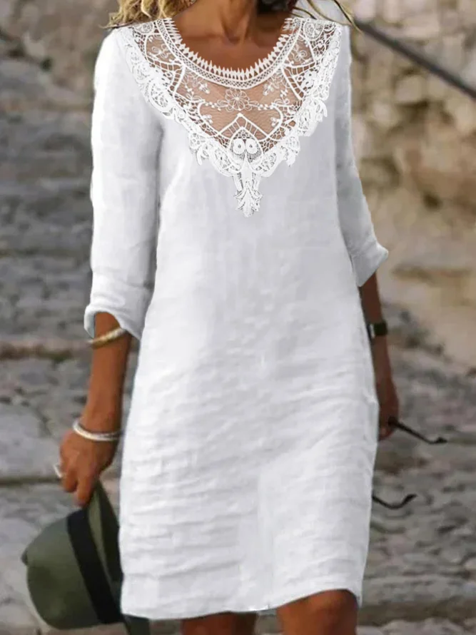 Round Neck Half Sleeve Lace Stitching Midi Tunic Dress
