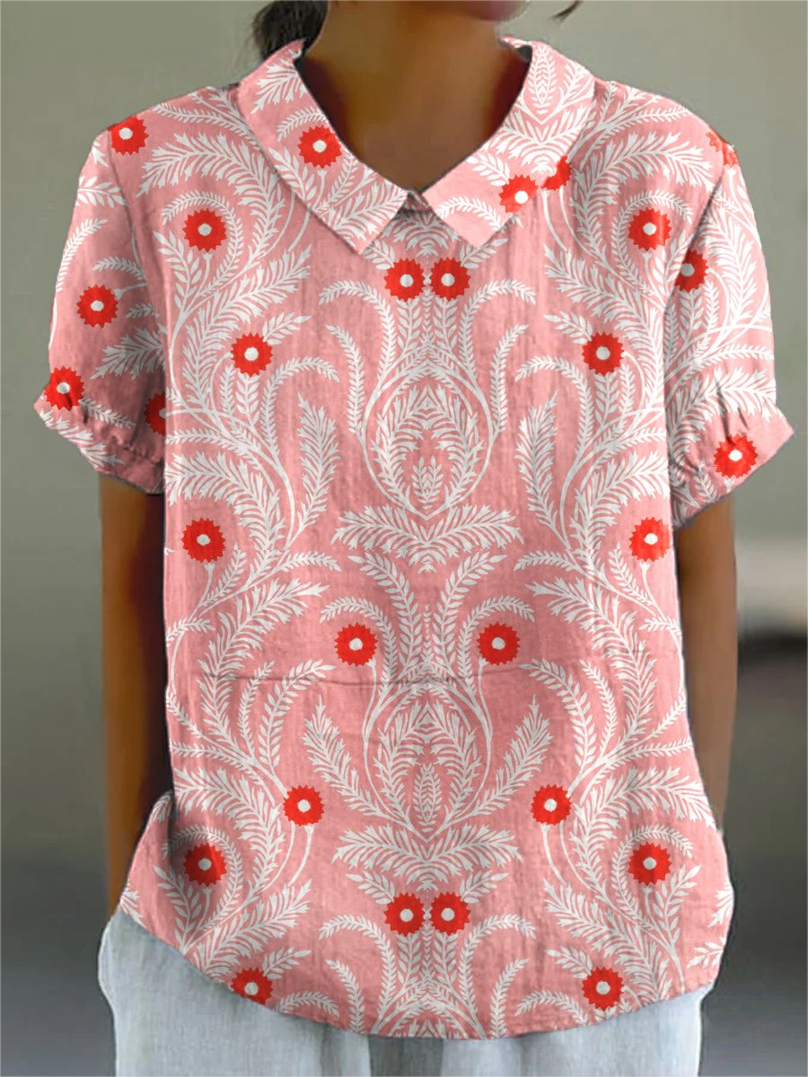 Women's Retro  Flower Art Print Casual Cotton And Linen Shirt
